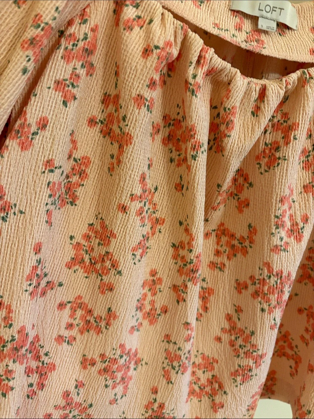 LOFT Blush Pink Floral Square-Neck Puff Sleeve Top